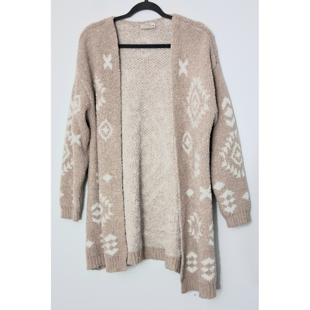Savanna Jane Sweater Women's Large Tan & White Cardigan Aztec Southwest Cozy